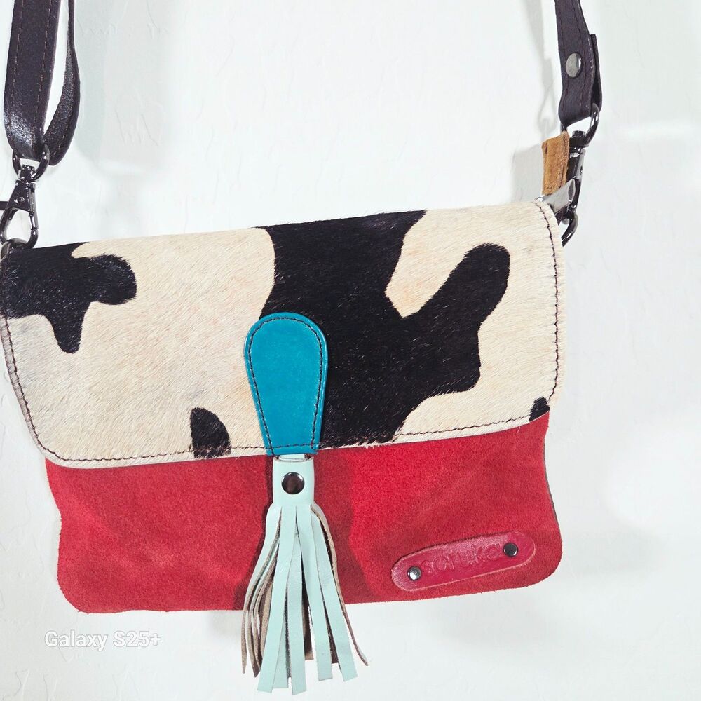 Soruka Recycled Leather Cowhide Crossbody Clutch Bag Red Teal Tassel - Picture 4 of 8